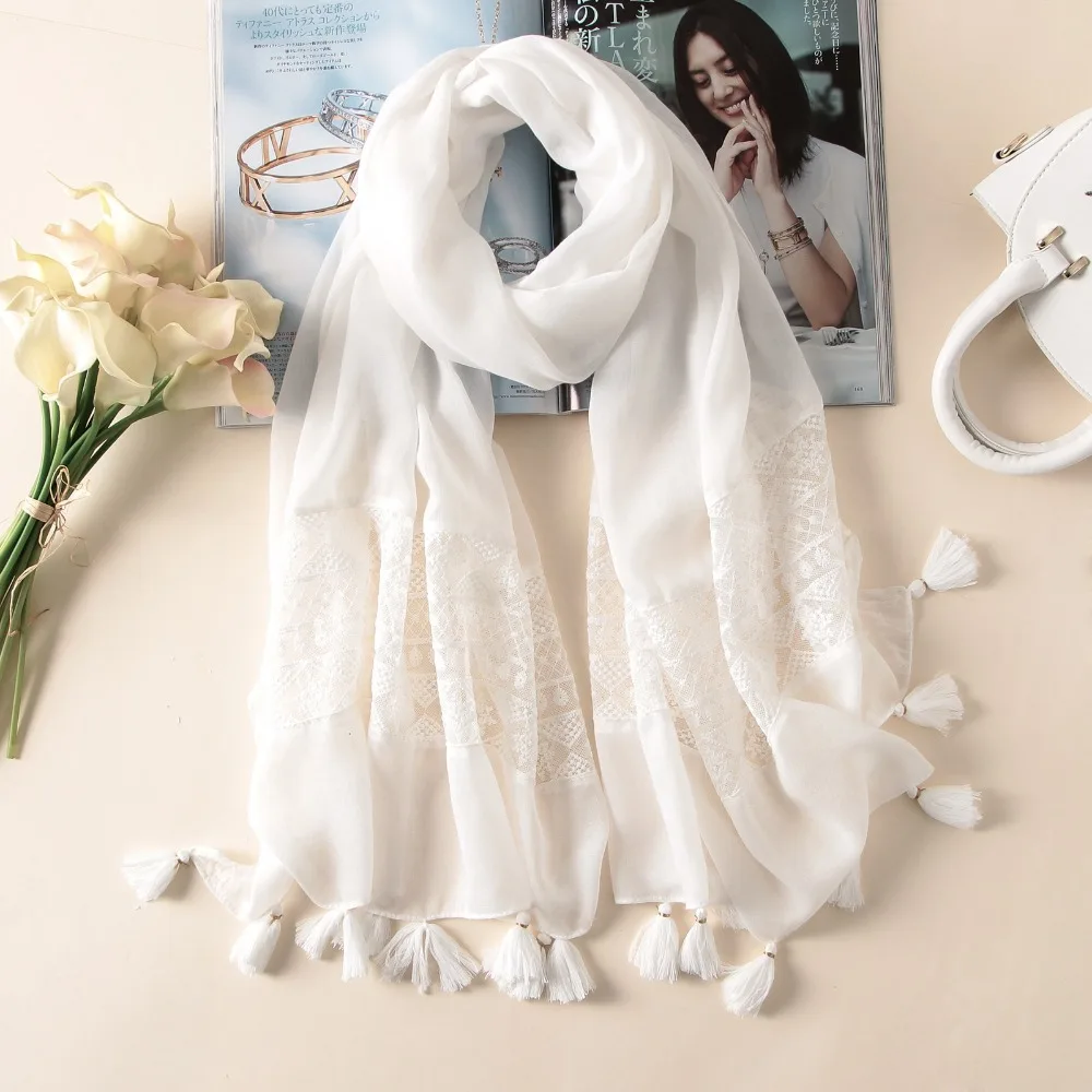 2026 New Fashion White Lace Floral Tassel Viscose Shawl Scarf Luxury Brand Laser Cut Wrap Oversized Pashmina Sjaal Muslim Hijabs