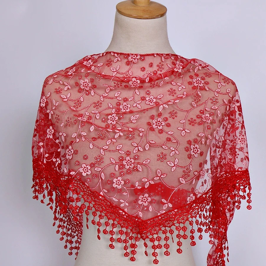 Women's Tassel Triangle Scarf Embroidered Lace Veil Floral Headcovering Church Prayer Shawl Mantilla Chapel Veil