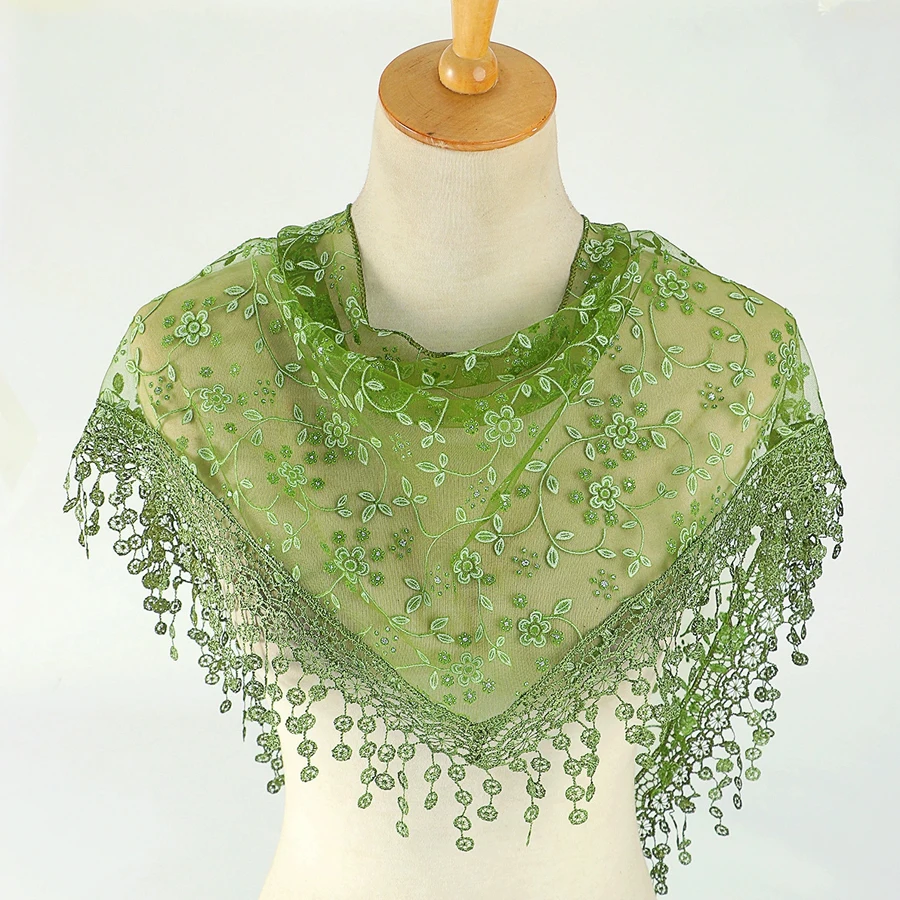 Women's Tassel Triangle Scarf Embroidered Lace Veil Floral Headcovering Church Prayer Shawl Mantilla Chapel Veil