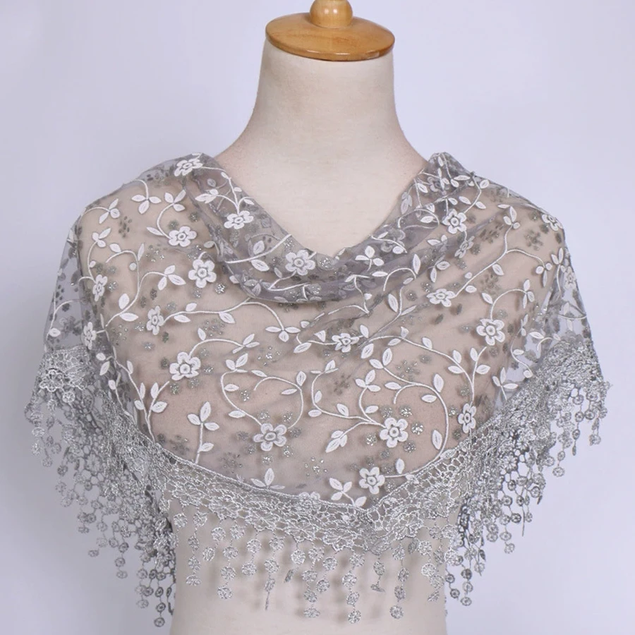 Women's Tassel Triangle Scarf Embroidered Lace Veil Floral Headcovering Church Prayer Shawl Mantilla Chapel Veil