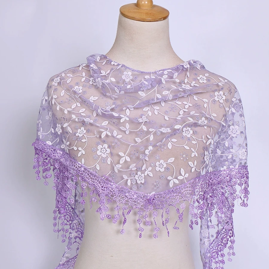 Women's Tassel Triangle Scarf Embroidered Lace Veil Floral Headcovering Church Prayer Shawl Mantilla Chapel Veil
