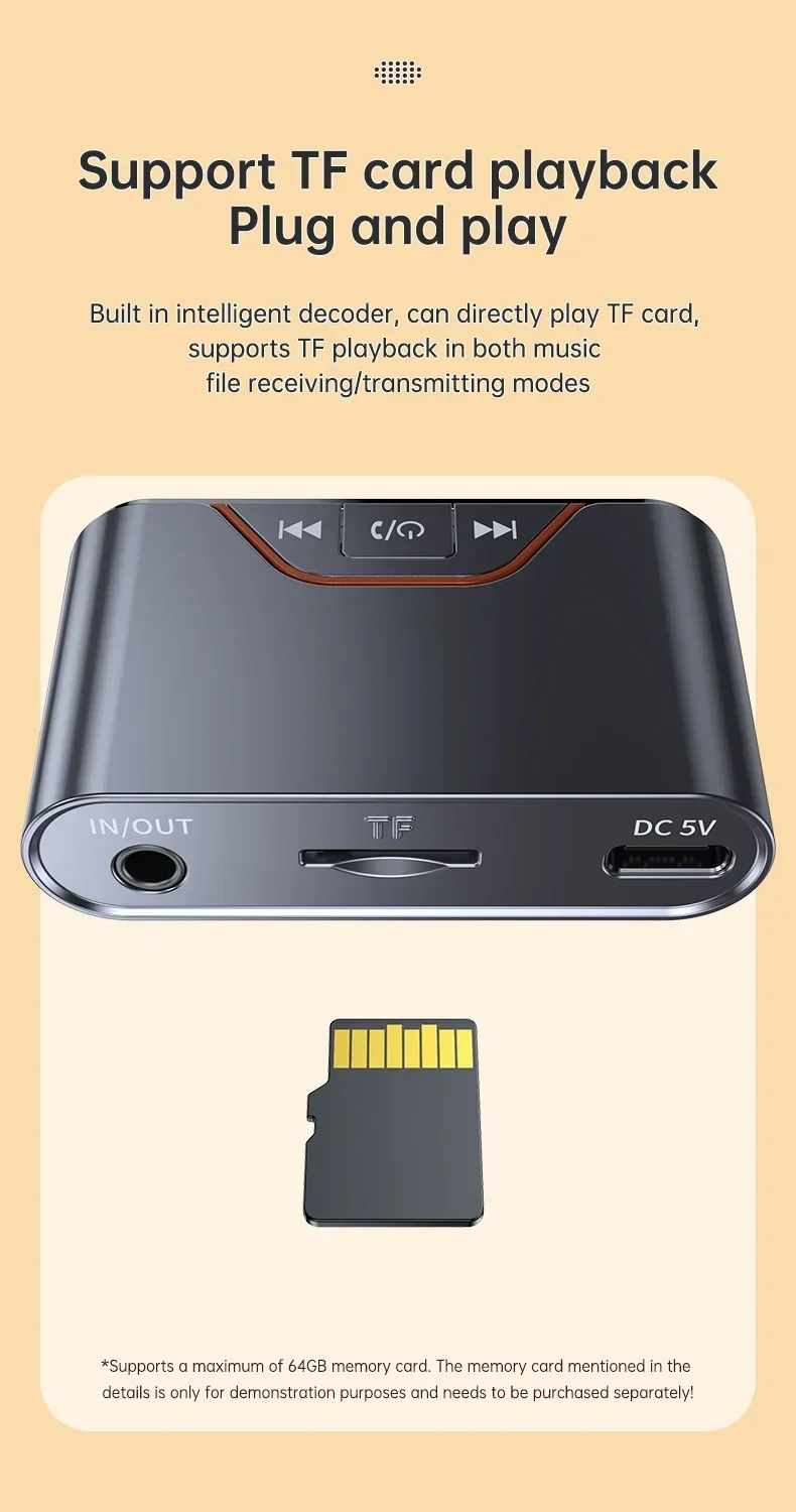 Wireless Bluetooth 5.4 Audio Receiver Transmitter 3.5mm AUX Jack Adapter TF Card Playback Hands Free for Car Radio TV Earphones