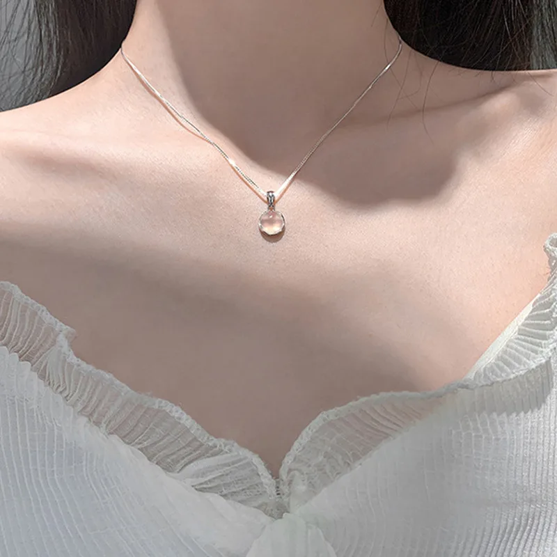 Elegant Chalcedony Round Pendant Necklace for Women Fashion Box Chain Necklace Short Clavicle Chain Female Jewelry Gift