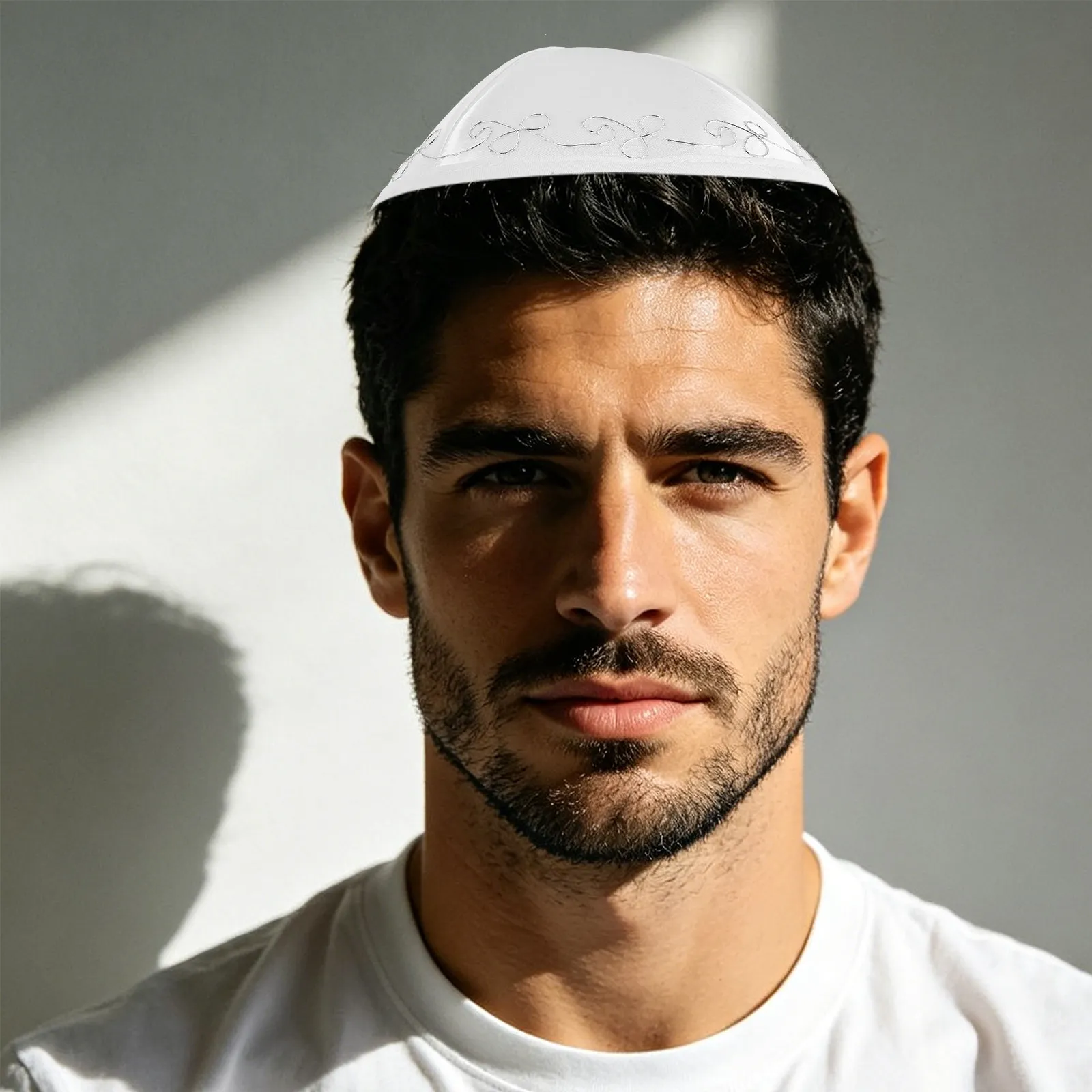 Yemenite Kippah Hat White Polyester Lightweight Hand-Knit Men Jewish Skullcap Prayer Cap Festival Ceremony Wedding Party