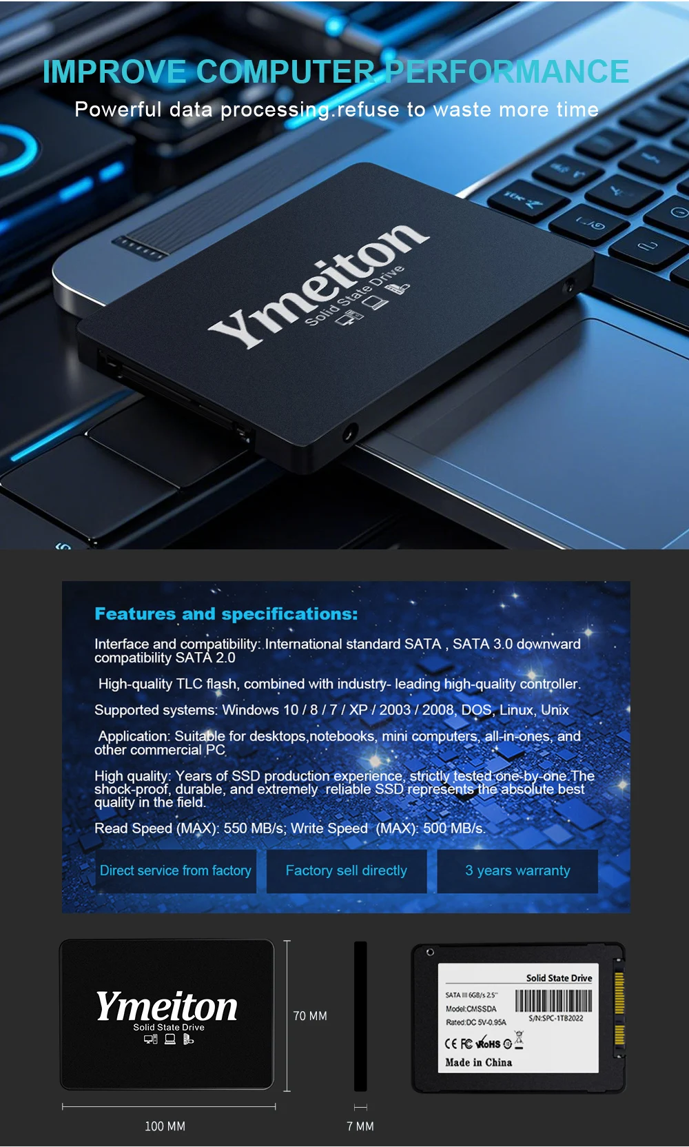 Ymeiton 2-10PCS SSD Custom 120GB 240GB 480GB 960GB Internal Sata3 Solid State Drive 2.5 128GB 256GB 512GB 1TB SSD for PC Laptop