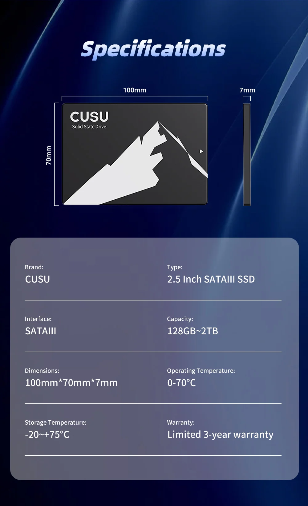CUSU SSD 1TB 512GB 256GB 128GB SATA3 Hard Drive 2TB SSD SATA Solid State Disk for Laptop Desktop