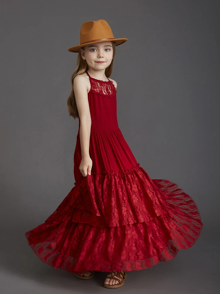 Big Girls Flower Wedding Party Backless Chiffon Dress Princess Kids Bohemia Lace Long Dresses Vestidos Clothing For 3-15 Years