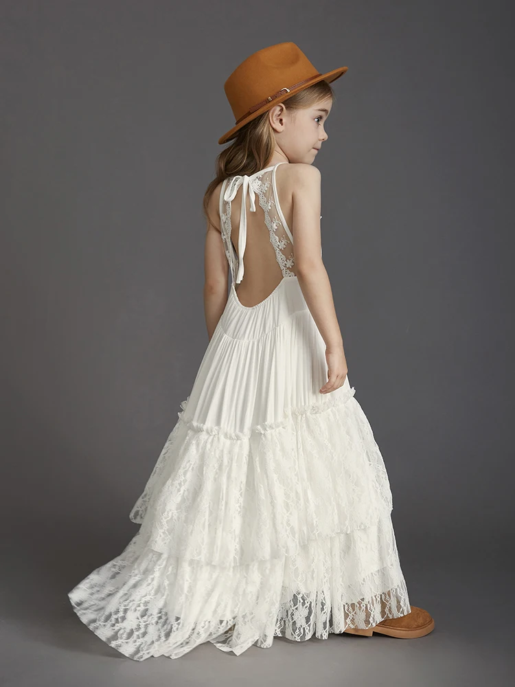 Big Girls Flower Wedding Party Backless Chiffon Dress Princess Kids Bohemia Lace Long Dresses Vestidos Clothing For 3-15 Years