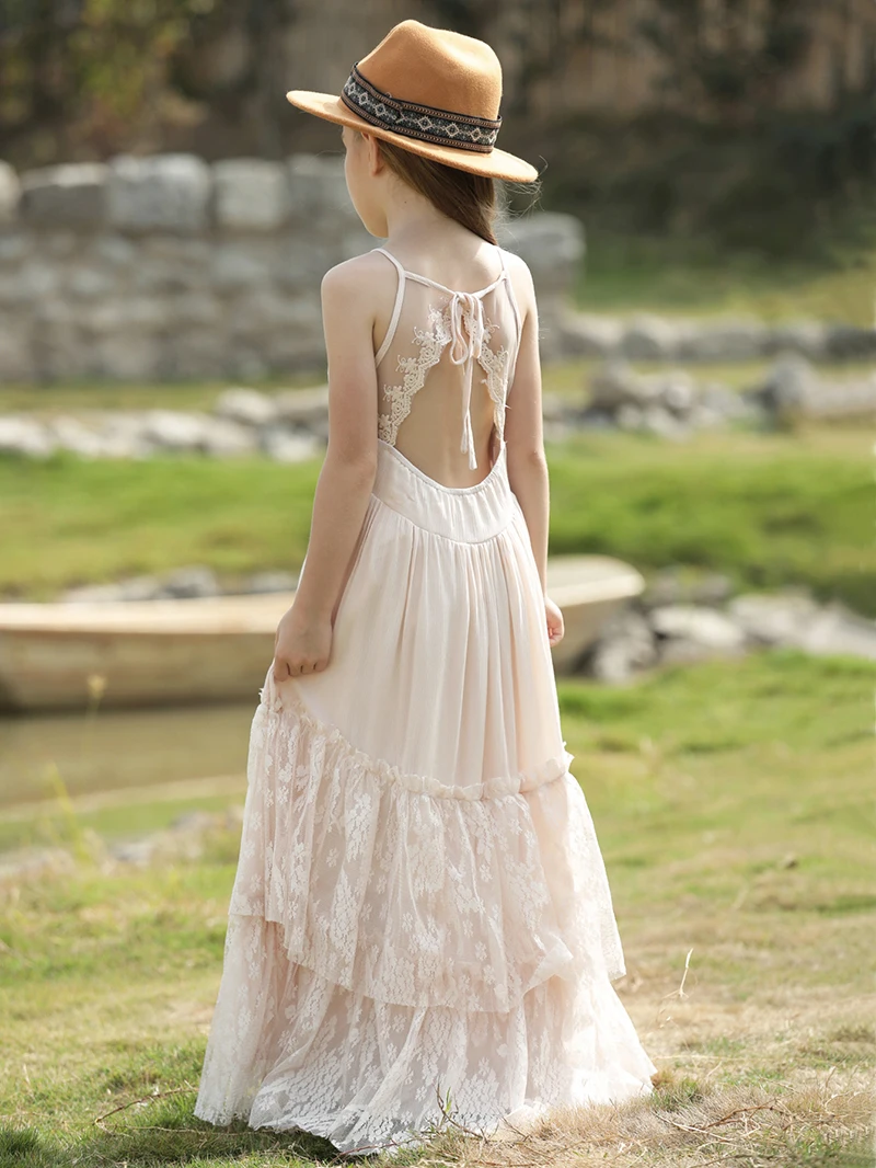 Big Girls Flower Wedding Party Backless Chiffon Dress Princess Kids Bohemia Lace Long Dresses Vestidos Clothing For 3-15 Years