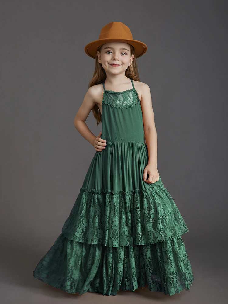 Big Girls Flower Wedding Party Backless Chiffon Dress Princess Kids Bohemia Lace Long Dresses Vestidos Clothing For 3-15 Years