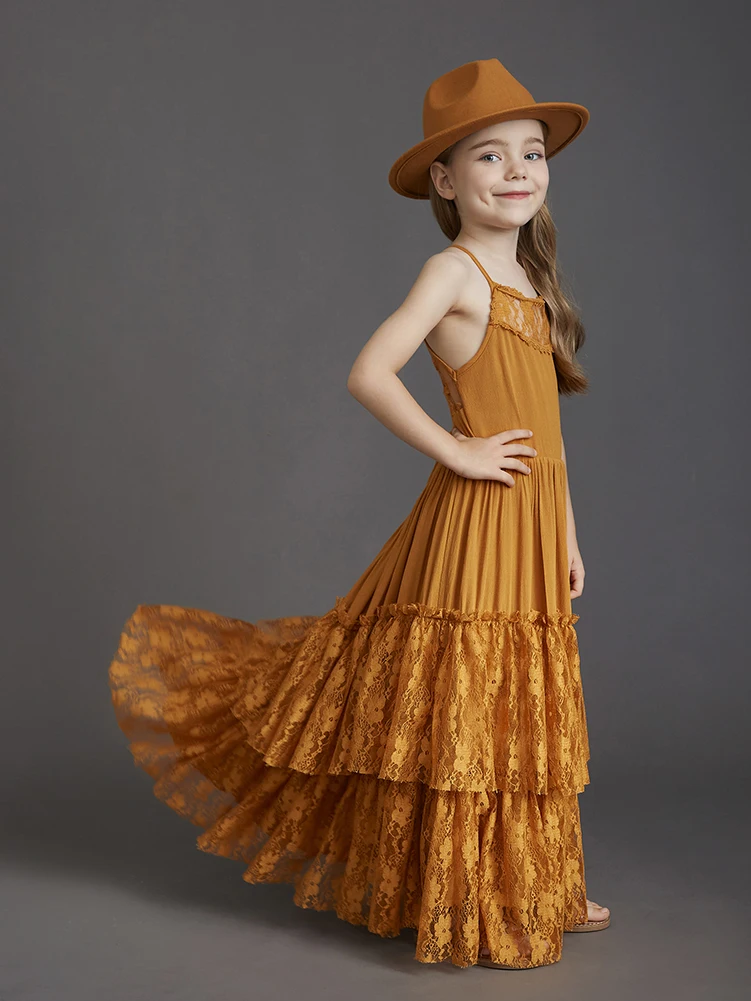 Big Girls Flower Wedding Party Backless Chiffon Dress Princess Kids Bohemia Lace Long Dresses Vestidos Clothing For 3-15 Years