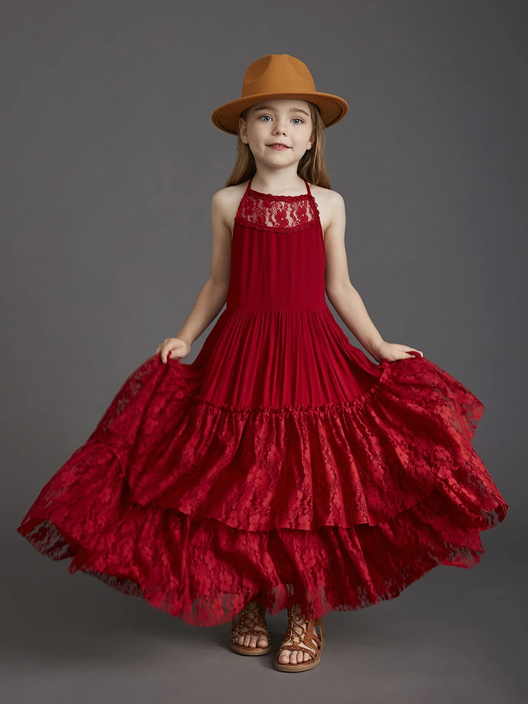 Big Girls Flower Wedding Party Backless Chiffon Dress Princess Kids Bohemia Lace Long Dresses Vestidos Clothing For 3-15 Years