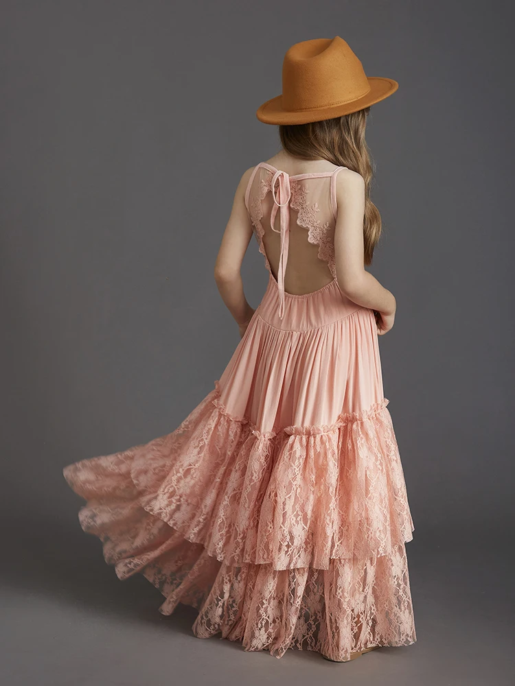 Big Girls Flower Wedding Party Backless Chiffon Dress Princess Kids Bohemia Lace Long Dresses Vestidos Clothing For 3-15 Years