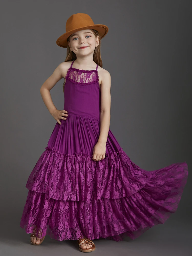 Big Girls Flower Wedding Party Backless Chiffon Dress Princess Kids Bohemia Lace Long Dresses Vestidos Clothing For 3-15 Years