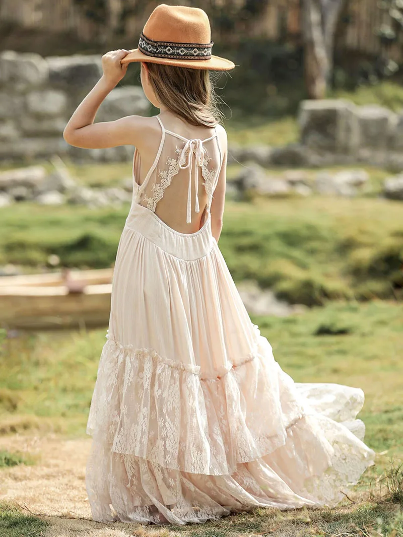 Big Girls Flower Wedding Party Backless Chiffon Dress Princess Kids Bohemia Lace Long Dresses Vestidos Clothing For 3-15 Years