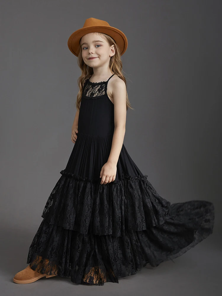 Big Girls Flower Wedding Party Backless Chiffon Dress Princess Kids Bohemia Lace Long Dresses Vestidos Clothing For 3-15 Years