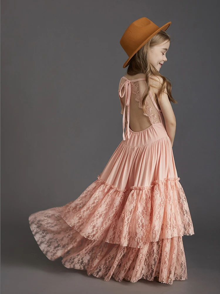 Big Girls Flower Wedding Party Backless Chiffon Dress Princess Kids Bohemia Lace Long Dresses Vestidos Clothing For 3-15 Years