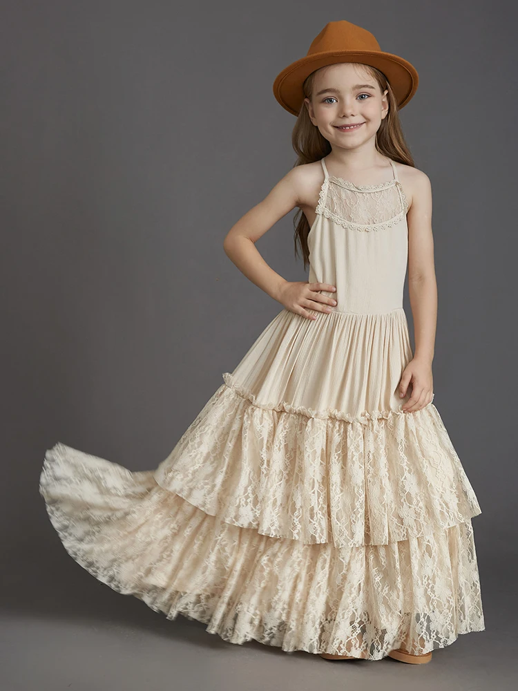 Big Girls Flower Wedding Party Backless Chiffon Dress Princess Kids Bohemia Lace Long Dresses Vestidos Clothing For 3-15 Years