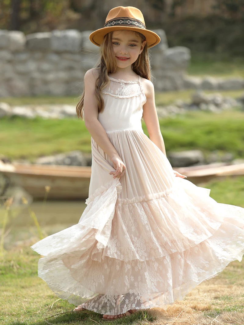 Big Girls Flower Wedding Party Backless Chiffon Dress Princess Kids Bohemia Lace Long Dresses Vestidos Clothing For 3-15 Years