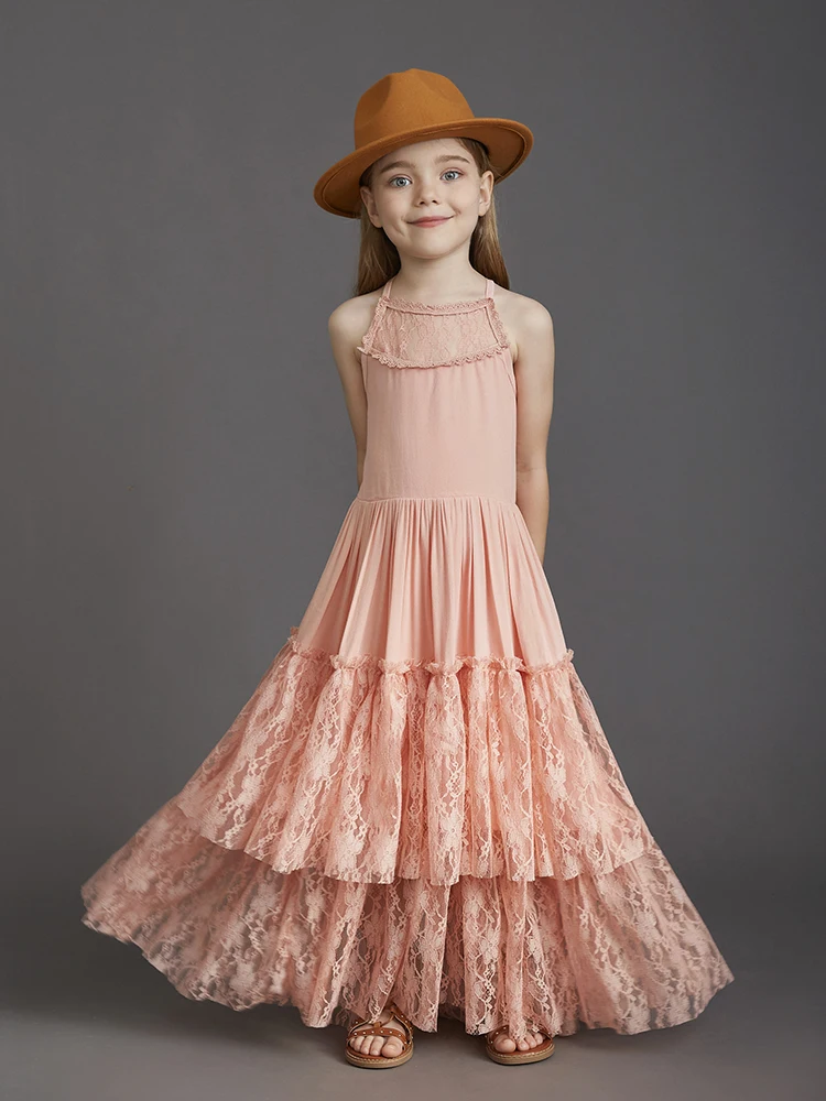 Big Girls Flower Wedding Party Backless Chiffon Dress Princess Kids Bohemia Lace Long Dresses Vestidos Clothing For 3-15 Years