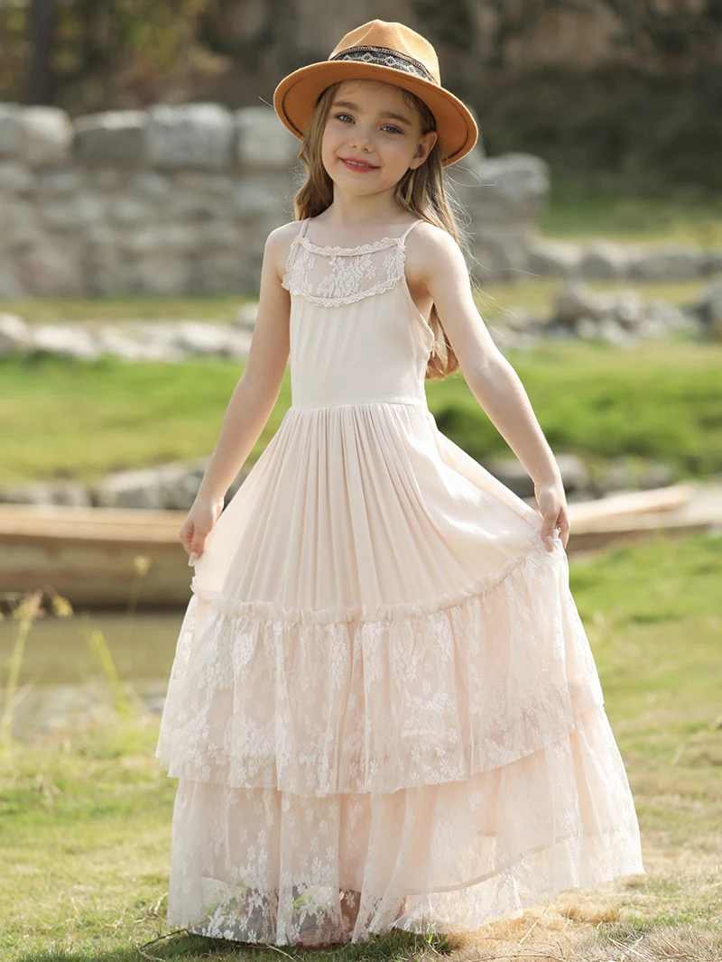 Big Girls Flower Wedding Party Backless Chiffon Dress Princess Kids Bohemia Lace Long Dresses Vestidos Clothing For 3-15 Years