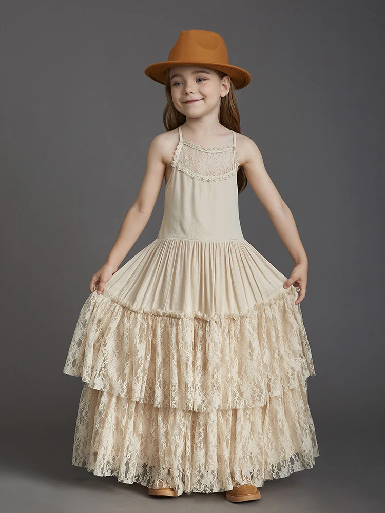 Big Girls Flower Wedding Party Backless Chiffon Dress Princess Kids Bohemia Lace Long Dresses Vestidos Clothing For 3-15 Years