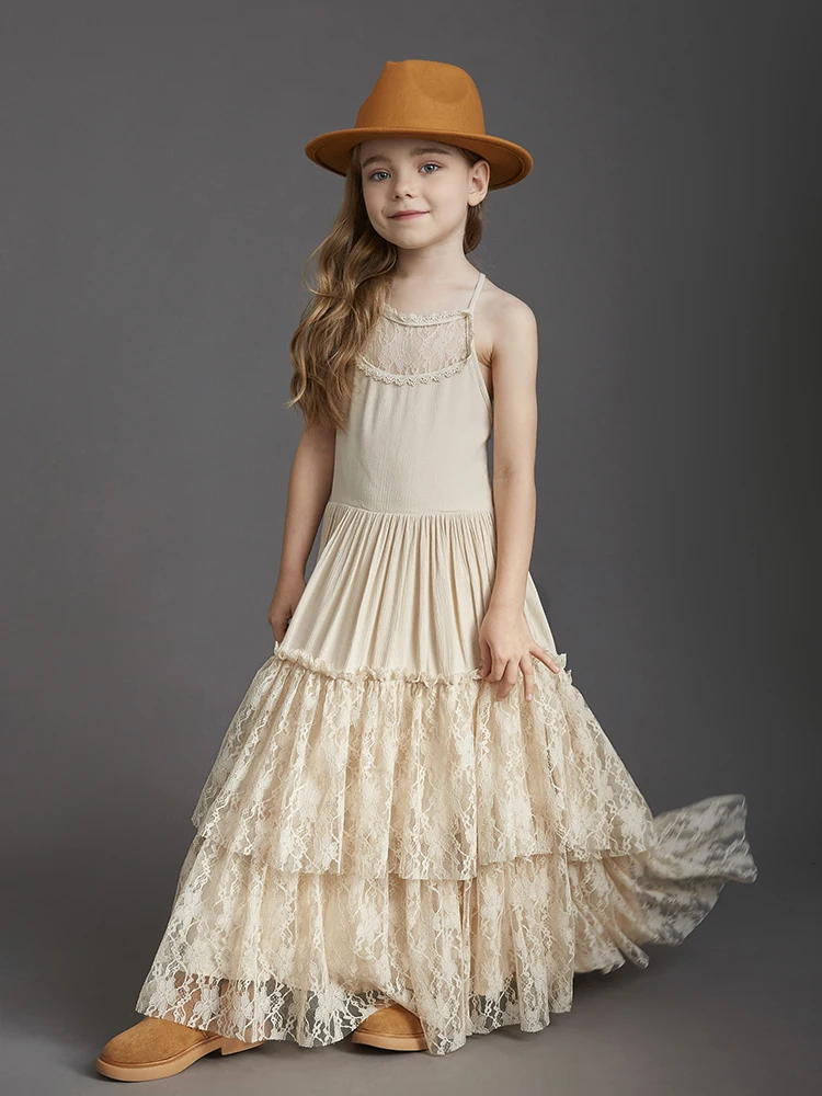 Big Girls Flower Wedding Party Backless Chiffon Dress Princess Kids Bohemia Lace Long Dresses Vestidos Clothing For 3-15 Years