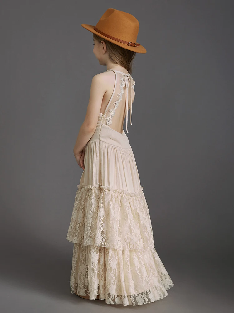 Big Girls Flower Wedding Party Backless Chiffon Dress Princess Kids Bohemia Lace Long Dresses Vestidos Clothing For 3-15 Years