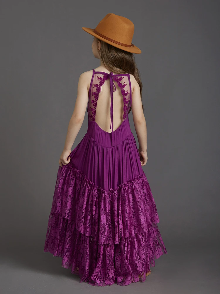 Big Girls Flower Wedding Party Backless Chiffon Dress Princess Kids Bohemia Lace Long Dresses Vestidos Clothing For 3-15 Years