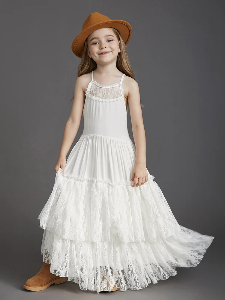 Big Girls Flower Wedding Party Backless Chiffon Dress Princess Kids Bohemia Lace Long Dresses Vestidos Clothing For 3-15 Years