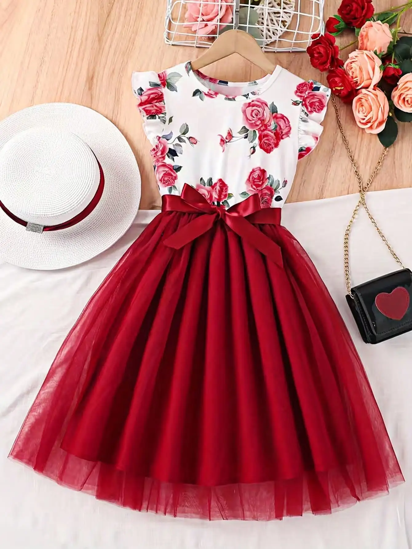 Summer 2026 Children's & Women's Cute Plush Dress with Small Flying Sleeves Round Neck Print Design New Collection