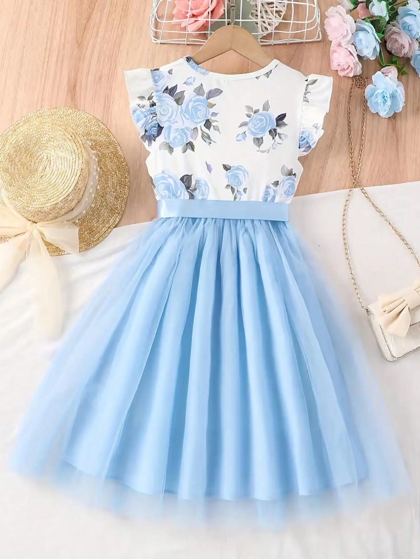 Summer 2026 Children's & Women's Cute Plush Dress with Small Flying Sleeves Round Neck Print Design New Collection