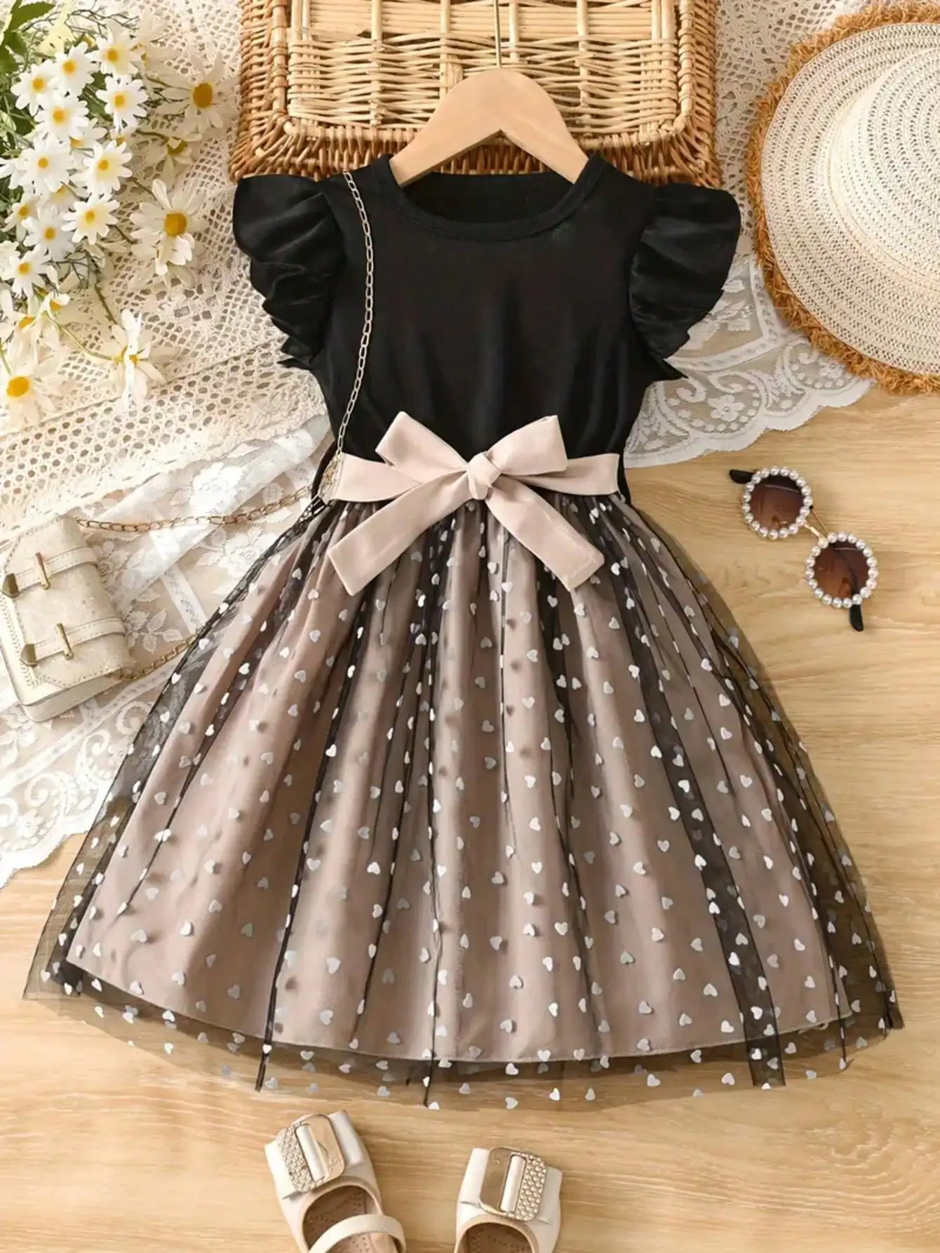 Princess Skirt Children's Dress Casual Elegant Summer Short Sleeve Ruffled Heart-Shaped Mesh Belt Bow Tie Waist Belt