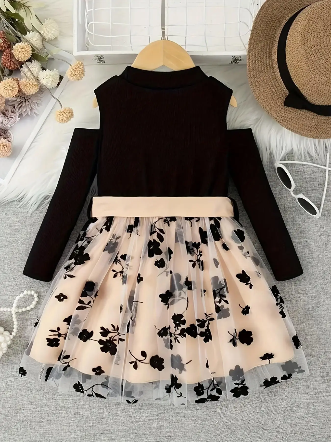 Girls Floral Mesh Stitching round Neck Long Sleeve Midi Dress Elegant Fashion Spring Fall Dress with Belt