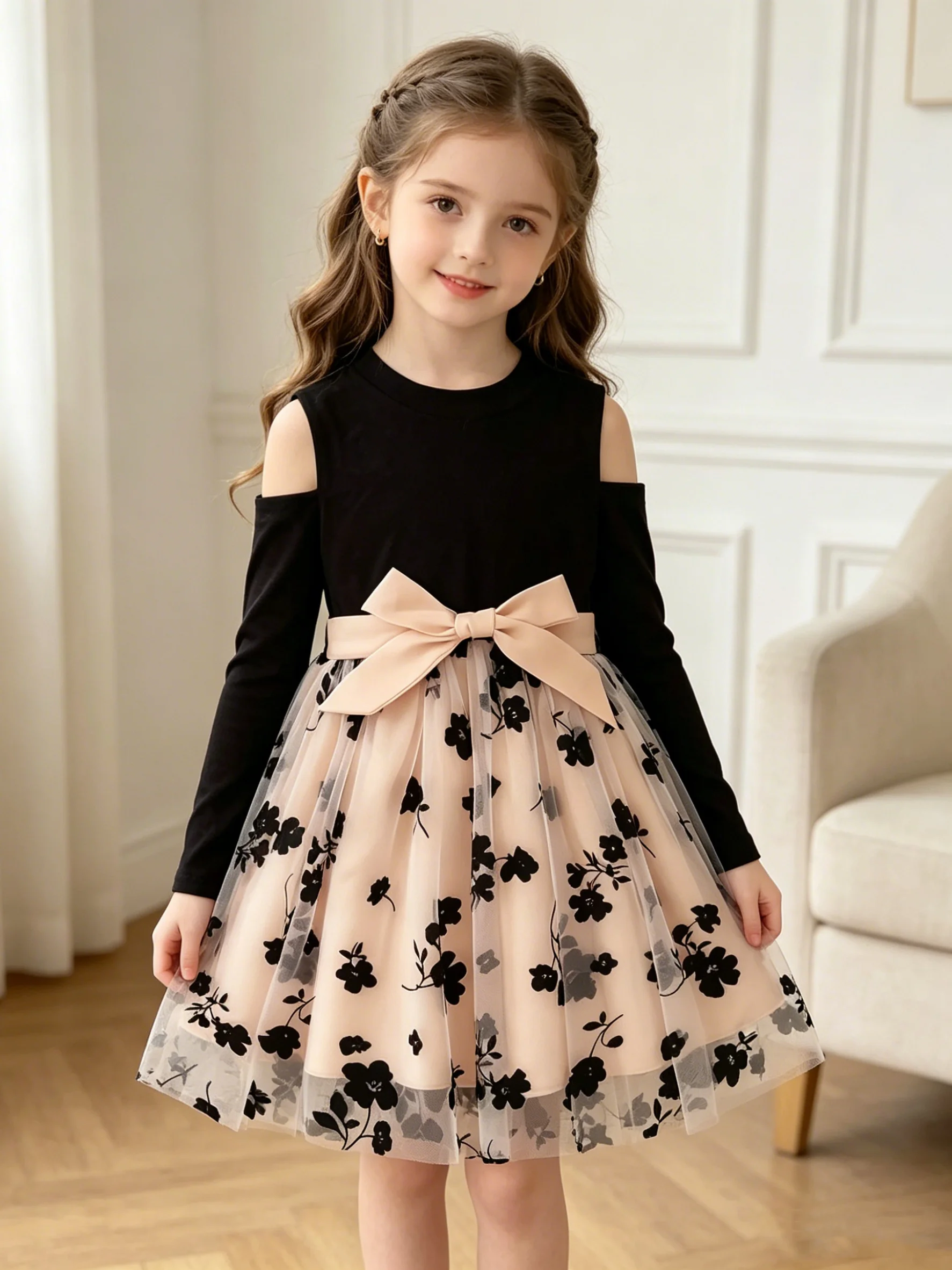 Girls Floral Mesh Stitching round Neck Long Sleeve Midi Dress Elegant Fashion Spring Fall Dress with Belt