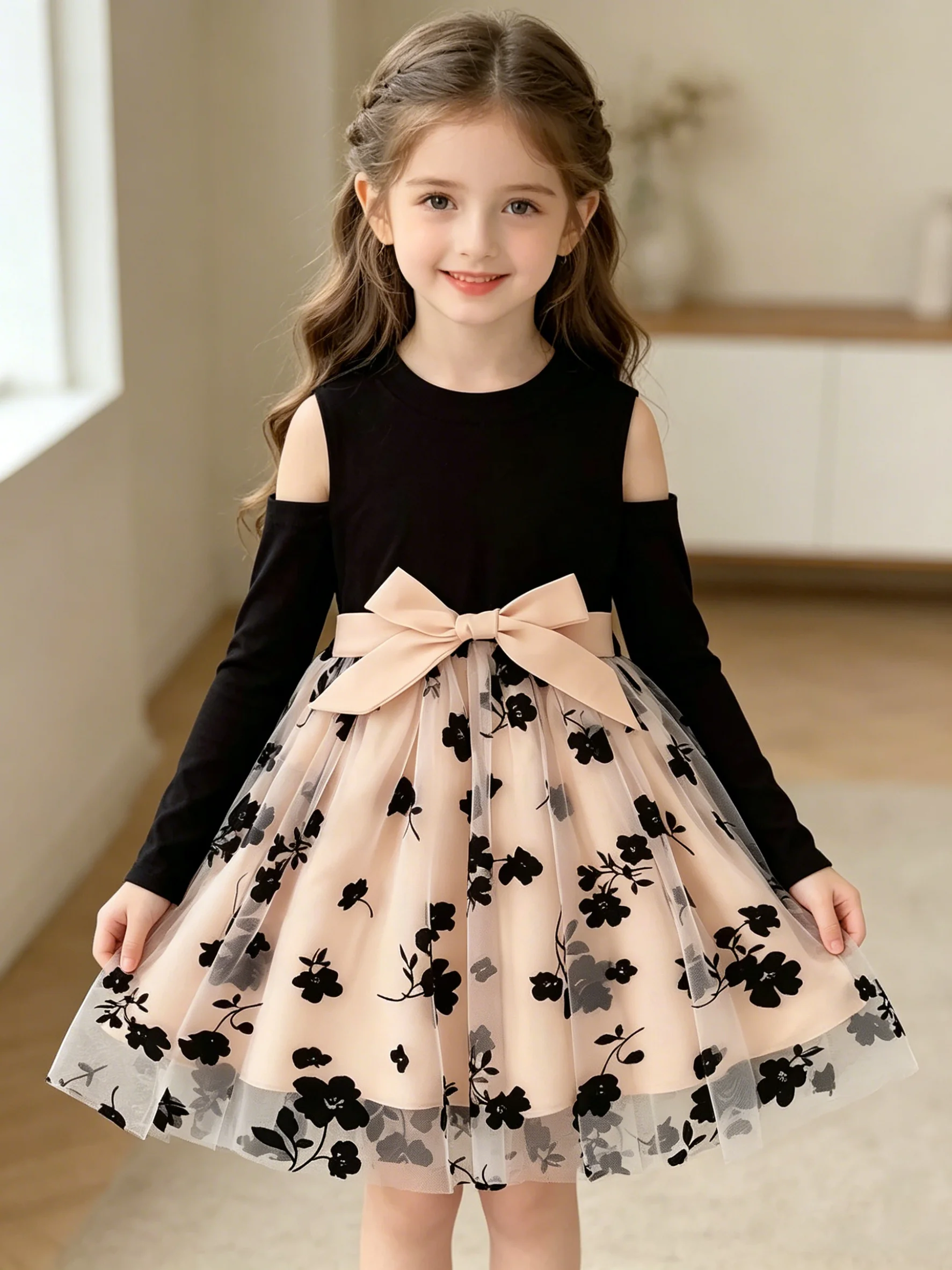 Girls Floral Mesh Stitching round Neck Long Sleeve Midi Dress Elegant Fashion Spring Fall Dress with Belt