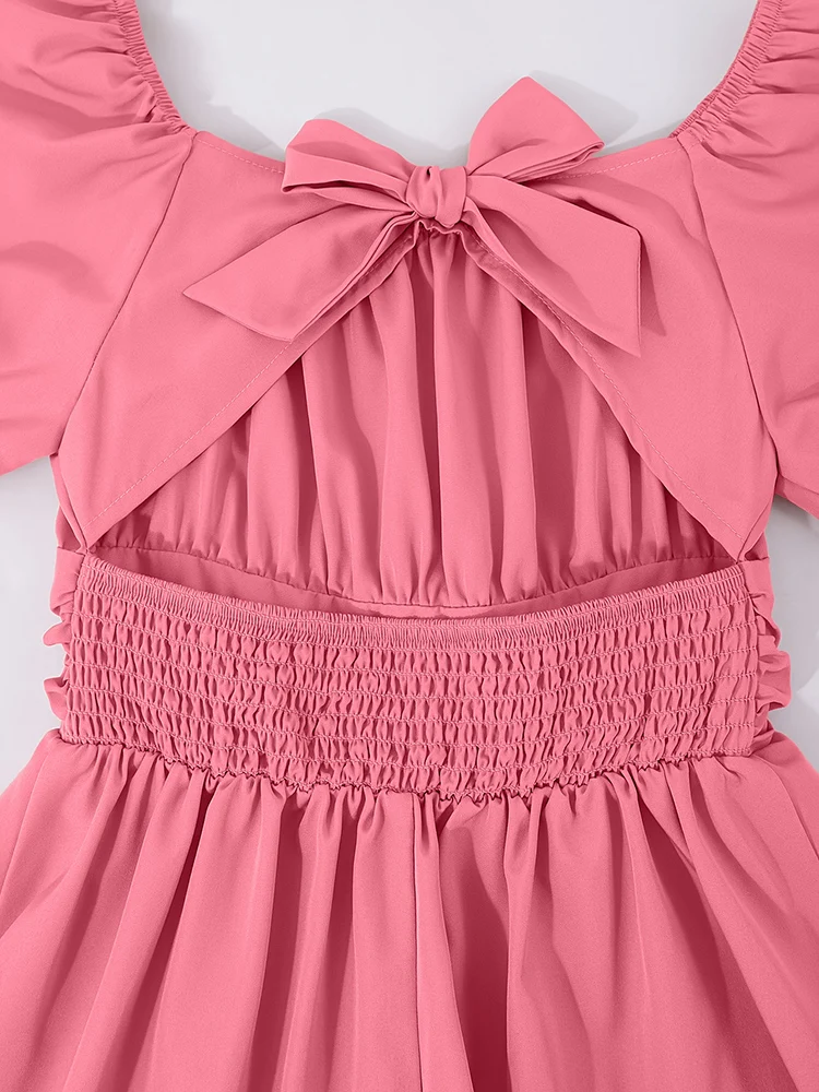Spring And Summer Women's Plus-Size Casual Cute Elegant Off-Shoulder Lantern Sleeve Bow Solid Color Puff Dress