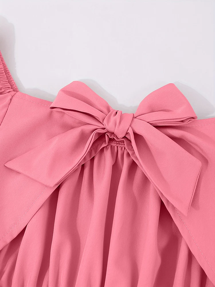 Spring And Summer Women's Plus-Size Casual Cute Elegant Off-Shoulder Lantern Sleeve Bow Solid Color Puff Dress