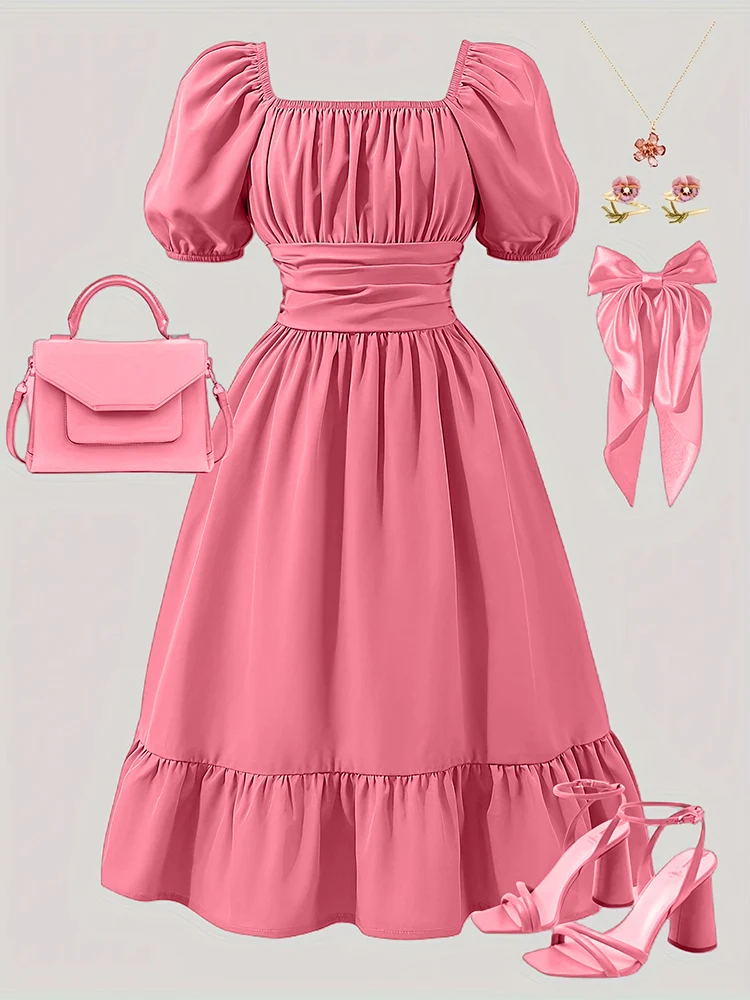 Spring And Summer Women's Plus-Size Casual Cute Elegant Off-Shoulder Lantern Sleeve Bow Solid Color Puff Dress
