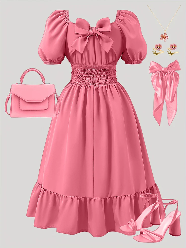 Spring And Summer Women's Plus-Size Casual Cute Elegant Off-Shoulder Lantern Sleeve Bow Solid Color Puff Dress