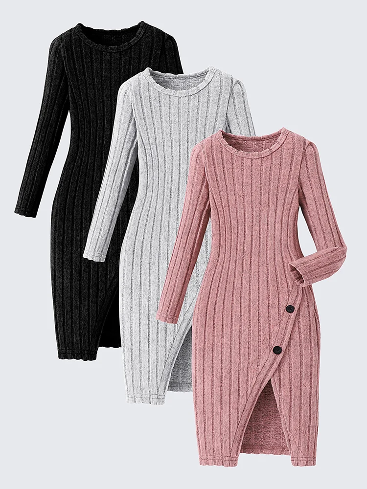 Autumn And Winter Girls' Casual Cute Long Sleeved Round Neck Button Decoration Dress Three Piece Set