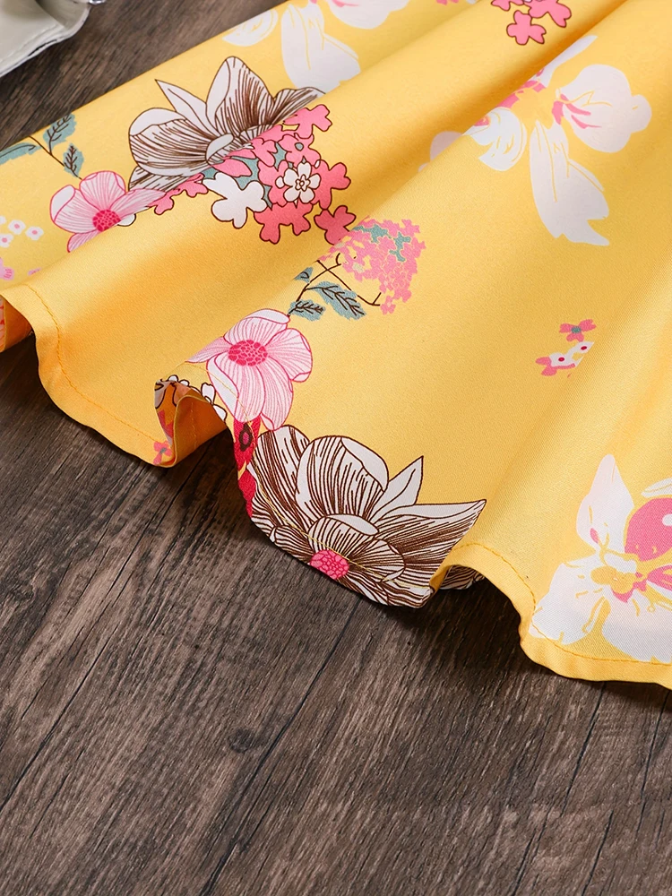 Spring And Autumn Winter Girls Children Girls, Casual Cute Sweet Petal Sleeves Adjustable Belt Digital Printed Dress