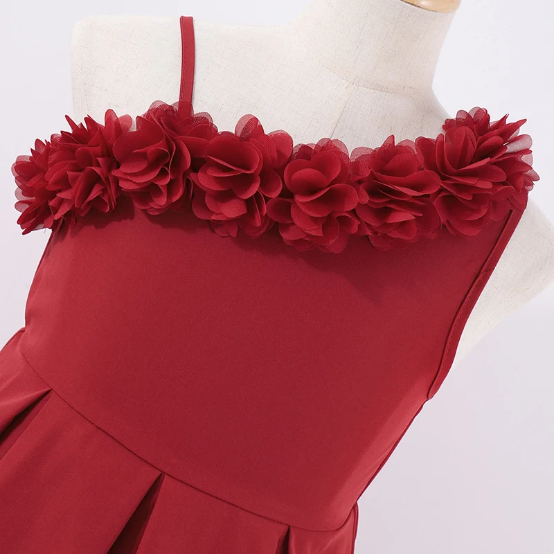 Spring And Summer Women's And Children's Casual Elegant Single Shoulder Suspender Three-Dimensional Flower Fluffy Dress