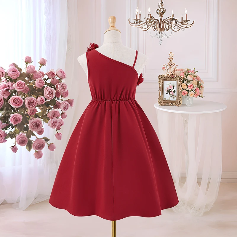 Spring And Summer Women's And Children's Casual Elegant Single Shoulder Suspender Three-Dimensional Flower Fluffy Dress