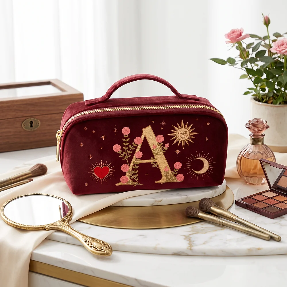 Women's Velvet Luxury Makeup Bag with Imitation Embroidery Design Travel Makeup Organizer Pouch for Cosmetic Storage