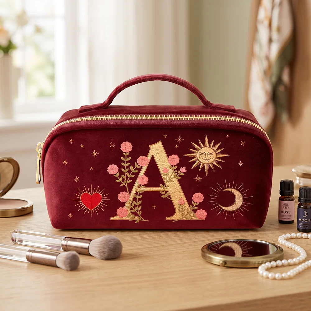 Women's Velvet Luxury Makeup Bag with Imitation Embroidery Design Travel Makeup Organizer Pouch for Cosmetic Storage