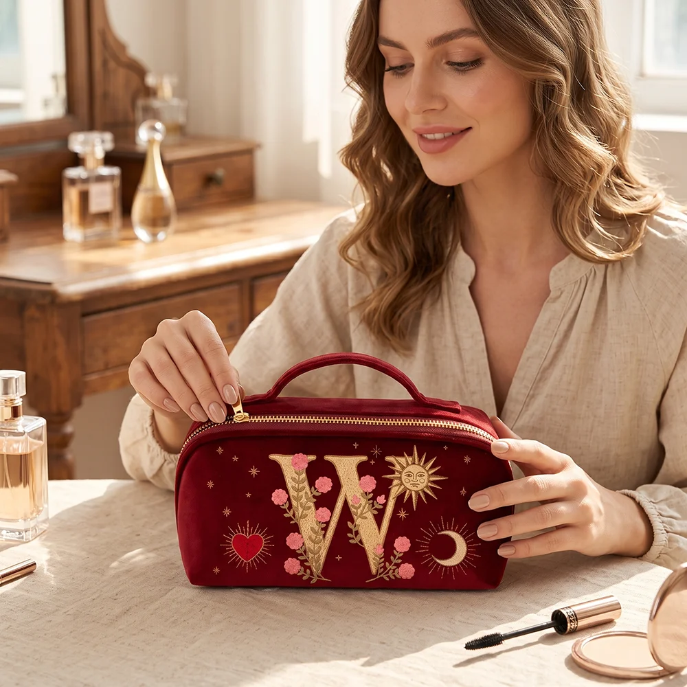 Women's Velvet Luxury Makeup Bag with Imitation Embroidery Design Travel Makeup Organizer Pouch for Cosmetic Storage