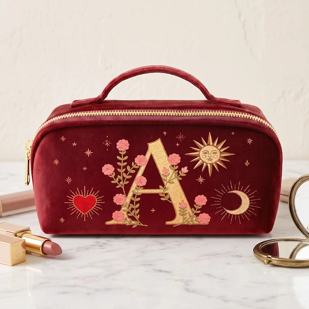 Women's Velvet Luxury Makeup Bag with Imitation Embroidery Design Travel Makeup Organizer Pouch for Cosmetic Storage
