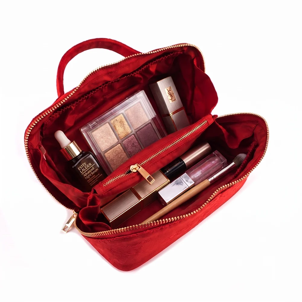 Women's Velvet Luxury Makeup Bag with Imitation Embroidery Design Travel Makeup Organizer Pouch for Cosmetic Storage