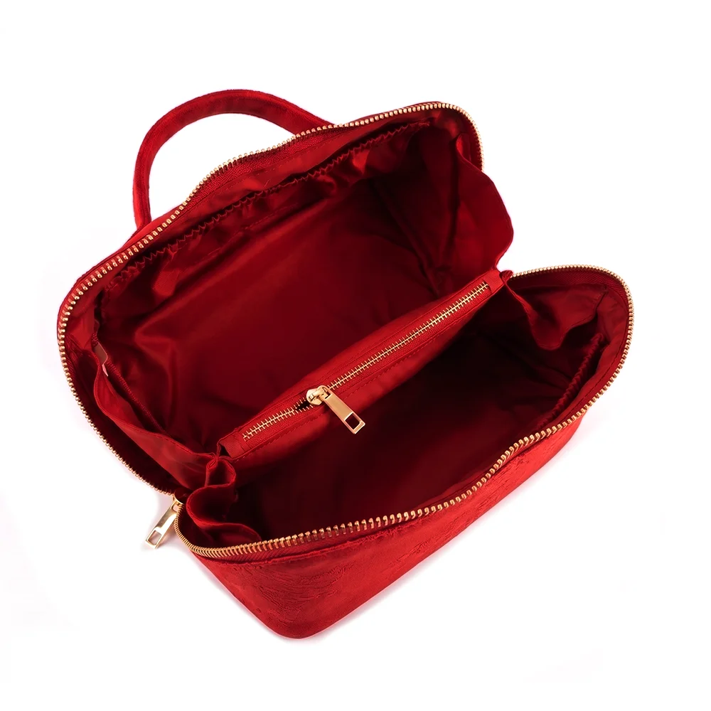 Women's Velvet Luxury Makeup Bag with Imitation Embroidery Design Travel Makeup Organizer Pouch for Cosmetic Storage